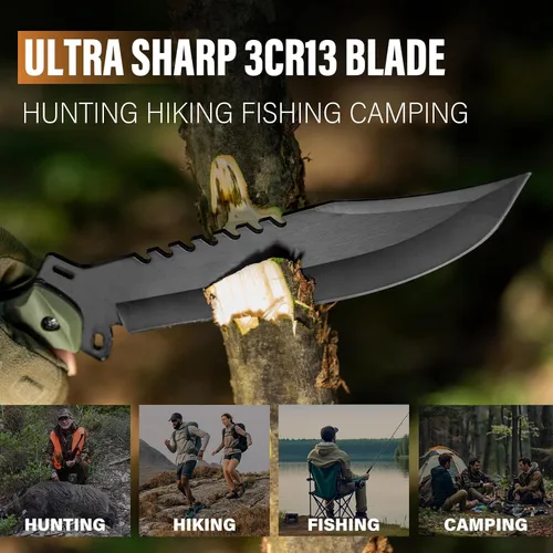 Miniatura 3 de Dispatch Cuchillo de caza de supervivencia con funda, cuchillo táctico Bowie de hoja fija de espiga completa de 13.5 pulgadas con parte trasera