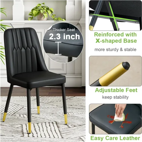 Miniatura 5 de Juego de 2 sillas de comedor modernas, sillas de comedor de piel sintética con cojín grueso y patas de metal, sillas de cocina negras para comedor