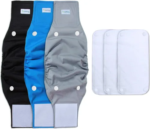 Teamoy Bandas para el vientre para perros machos con almohadillas extraíbles, reutilizables, lavables, pañales (paquete de 3), L1 Gris+negro+azul