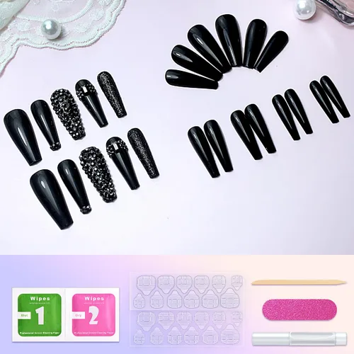 Miniatura 8 de 24 uñas postizas brillantes con diseños de longitud larga, uñas de boda a presión para novia, uñas acrílicas nude, ataúd a presión con diamantes