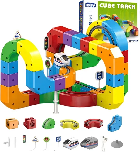 Miniatura 8 de Juego de tren eléctrico con riel de succión magnética, pista de carreras flexible mágica 3D, 123 piezas de bloques de pista de carreras