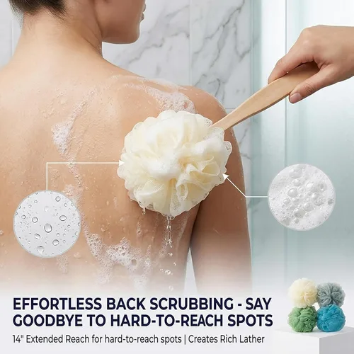 Miniatura 4 de Paquete de 4 esponjas grandes de esponja de esponja de baño con mango largo para ducha, cepillo de espalda para el cuerpo de baño, cepillo de spa