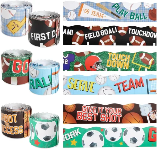 Juvale Bordes de tablón de anuncios deportivos para decoración de aula, 6 rollos (234 pies), ribete festoneado multicolor, diseños surtidos de