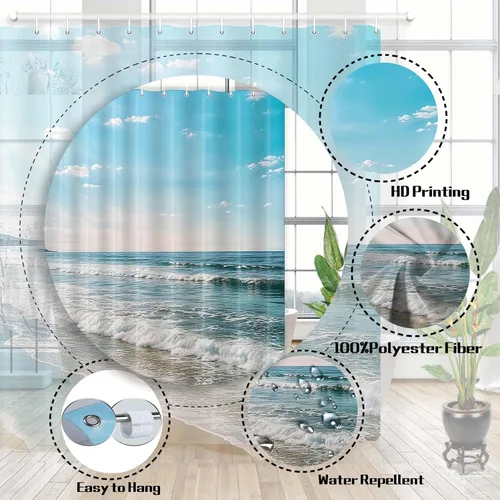 Miniatura 5 de Wathon Cortina de ducha con olas del mar del océano, cortina de baño náutica azul y blanco, accesorios de baño costero, juego de decoración de baño