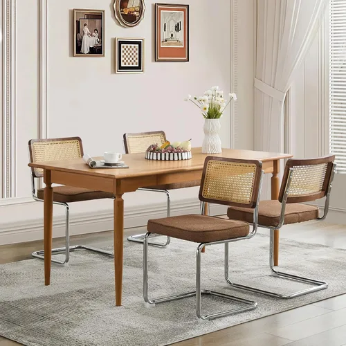 Miniatura 13 de Juego de 2 sillas de comedor de ratán, sillas de comedor modernas tapizadas de mediados de siglo con respaldo de caña, sillas de cocina de Beige