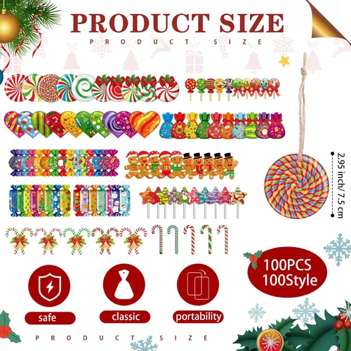 Miniatura 2 de Soaoo 100 Piezas Adornos Colgantes de Caramelo de Menta de Navidad Adornos de Madera para Árbol de Navidad Conjunto Piruleta Pan de Jengibre Bastón