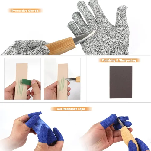 Miniatura 5 de Kit de tallado de madera, 26 piezas, herramientas de tallado de madera, cuchillos detallados, cuchillos, bloques, guantes, kit de corte