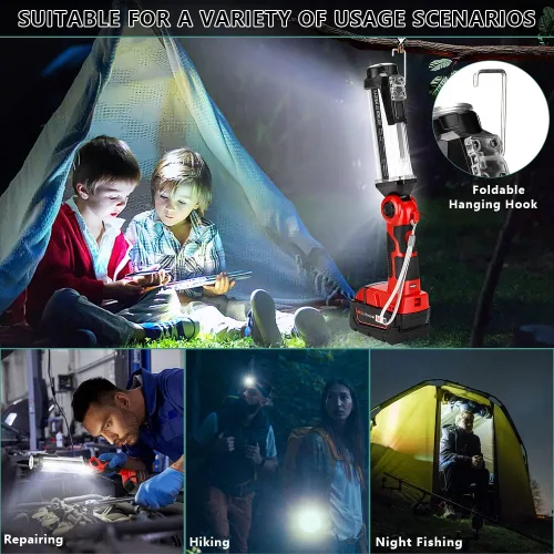 Miniatura 7 de Luz de trabajo LED inalámbrica compatible con batería Milwaukee de 18V, Hiesuan linterna de camping portátil de 35W 2000LM para exteriores