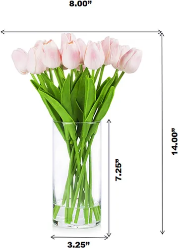Miniatura 3 de Arreglo floral de tulipanes artificiales de tacto real en jarrón de vidrio transparente con agua sintética para decoración del hogar y boda (rosa)
