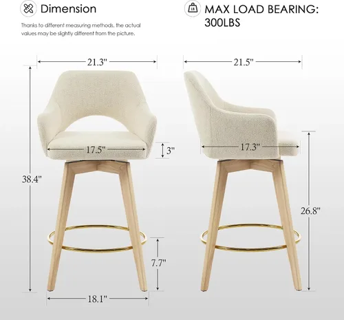 Miniatura 7 de Zesthouse Juego de 2 taburetes giratorios para mostrador, taburetes de bar de altura de mostrador de madera con respaldo y brazo, taburetes de bar