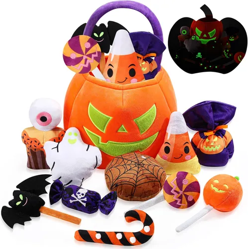 Liliful Juego de 11 piezas de juguetes de calabaza de Halloween, animales de peluche que brillan en la oscuridad, cesta grande de calabaza de felpa