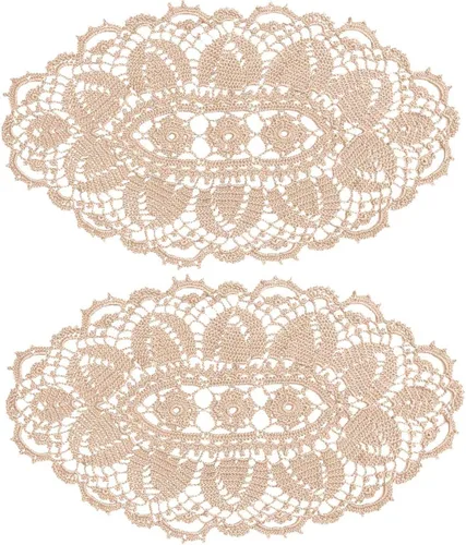 Miniatura 35 de Manteles individuales de encaje, ovalados, redondos, hechos a mano, de ganchillo, para tapetes de cocina (beige, 1 unidad-11.8 x 22 pulgadas)