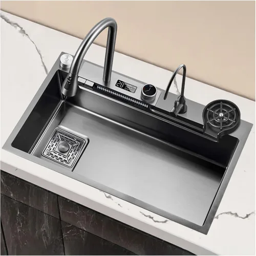 Miniatura 10 de Fregadero de cascada volador con pantalla digital, fregadero de cocina, fregadero de barra de acero inoxidable 304, con lavabos de copa, instalación