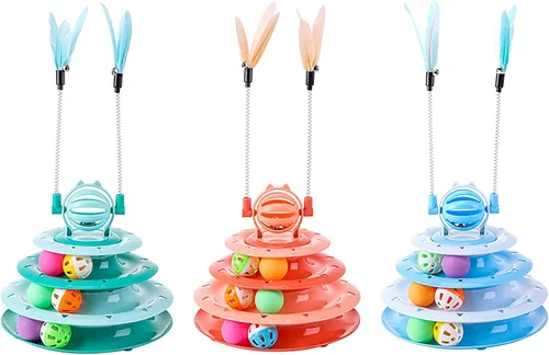 Miniatura 7 de Vealind Rodillo de juguete para gatos, plato giratorio de 4 niveles, bolas de juguetes para gatos con 14 bolas de pompones coloridos, diversión