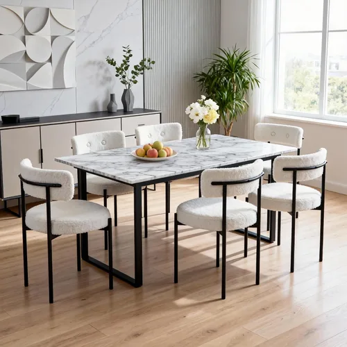 Miniatura 16 de AVAWING Juego de 6 sillas de comedor de piel sintética negra, modernas sillas de cocina tapizadas con patas de metal y respaldo curvo, sillas