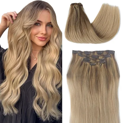 Extensiones de cabello humano con pinzas, 12 pulgadas, extensiones de cabello humano real con pinzas, 2.47 onzas, 5 unidades, color marrón dorado a