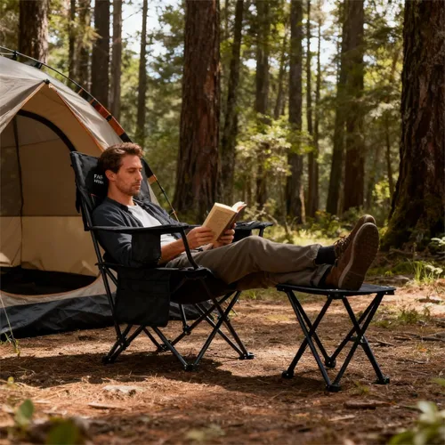 Miniatura 2 de FAIR WIND Silla de camping acolchada de gran tamaño con reposapiés, juego de taburetes, soporte resistente, soporta 300 libras, bolsa de negro