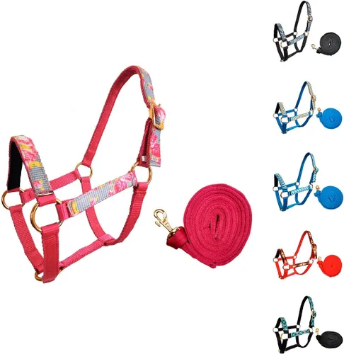 Miniatura 9 de Tahoe Tack Arnes de nylon mini con patrón para caballo con muserola acolchada y cuerda de nailon de agarre suave de 7' - Garantía de 6 meses