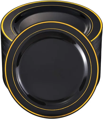 bUCLA - 100 platos de plástico negros y dorados de 10.25 pulgadas, platos desechables con borde dorado, ideales para fiestas, graduaciones y Año