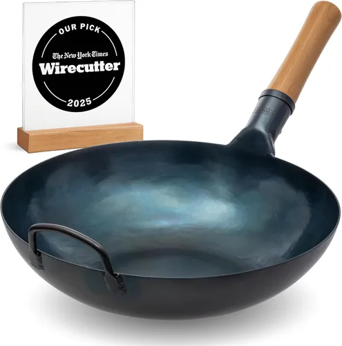 YOSUKATA - Wok/sartén de acero al carbón azul de 13.5 pulgadas de fondo plano, para cocinas de inducción eléctrica y salteado de comida (utensilio
