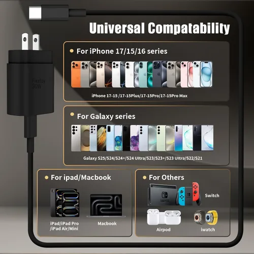Miniatura 4 de Cargador de Bloque USB C de carga rápida para iPhone 17 16 Pro Max, cargadores USB-C de 30 W con cable largo de carga rápida tipo C de 3/6/10 pies