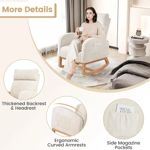 Miniatura 6 de Giantex Mecedora para guardería, silla mecedora tapizada de felpilla con bolsillo lateral, marco de madera de goma natural, respaldo alto, sillón