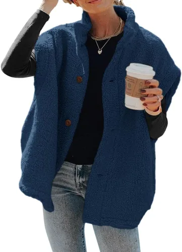 Miniatura 11 de Hongqizo - Chaleco de forro polar mullido para mujer, casual, de gran tamaño, cálido, con botones, chaqueta de sherpa con bolsillos