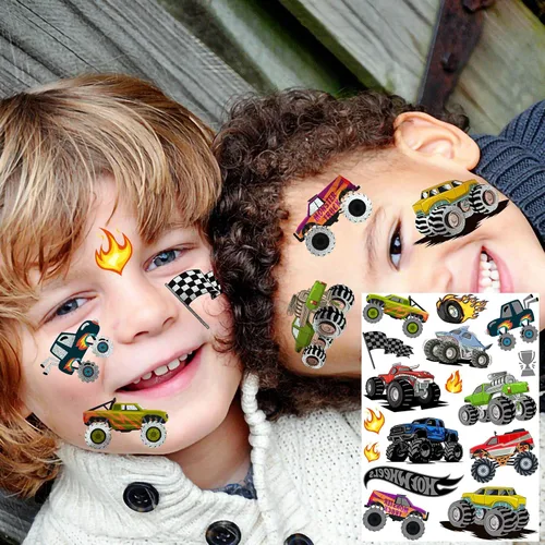 Miniatura 4 de Más de 61 piezas de tatuajes temporales de camión monstruo para niños y niñas, con purpurina brillante plateada metálica, calcomanías falsas