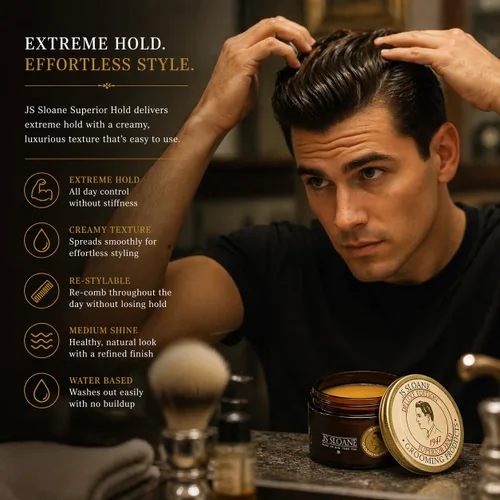 Miniatura 3 de JS Sloane Superior Hold Pomade - Crema de peinado de fijación fuerte, brillo medio, a base de agua, reutilizable todo el día, ideal para cabello