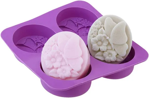 EchoDone Molde ovalado de silicona para jabón de 4 cavidades, diseño de flores de mariposa ovaladas, moldes de silicona hechos a mano para jabón,
