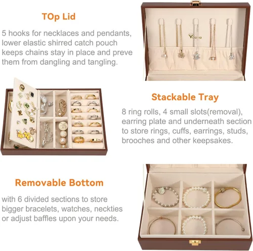 Miniatura 2 de Voova Joyero organizador para mujeres y niñas, 2 capas grandes para hombres, estuche de almacenamiento de joyas de piel sintética con bandeja