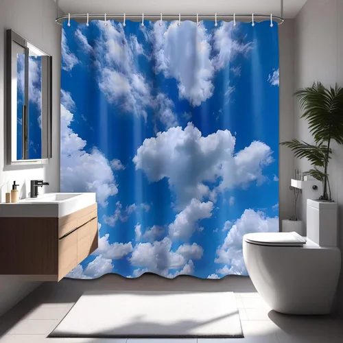 Cortina de ducha con cielo azul, nubes blancas, paisaje escénico, 72 x 72 pulgadas | Tela de tela impermeable, incluye ganchos, 72 x 72 pulgadas,