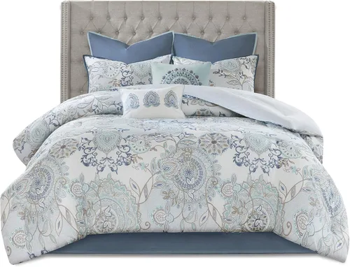 Miniatura 8 de Madison Park Juego de temporada, falda de cama a juego, almohadas decorativas, Queen (90 x 90 pulgadas), Isla, medallón floral azul, 8 piezas