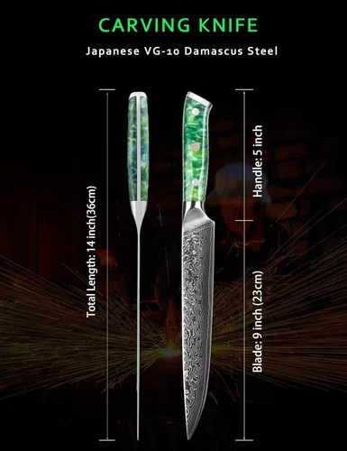 Miniatura 4 de Cuchillo para cortar carne de cocina de 9 pulgadas, serie Xuan, VG10, acero de damasco con mango de resina (verde jade)