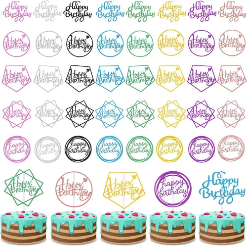 Boao 40 piezas de decoración de pastel de cumpleaños con purpurina para cupcakes, decoración de postre con 5 estilos, 8 colores para pasteles de
