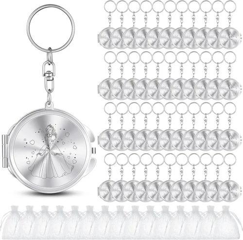 Nosiny 100 juegos de recuerdos de fiesta de quinceañera para invitados, llavero compacto plateado con bolsa de organza blanca, regalo de cumpleaños