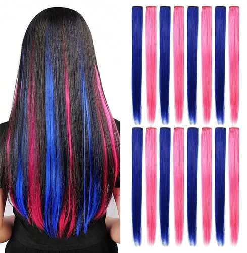 Miniatura 9 de 16 extensiones de cabello de colores con clip para fiestas, 21 pulgadas, lacio, sintético, extensiones de cabello azul claro para niñas y mujeres