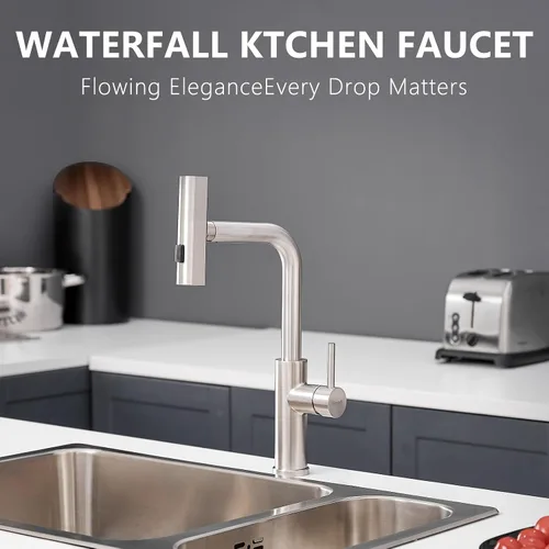 Miniatura 2 de AIMADI - Grifo de cocina en cascada con rociador extraíble, modernos grifos de fregadero de cocina de una sola manija y un solo orificio de acero