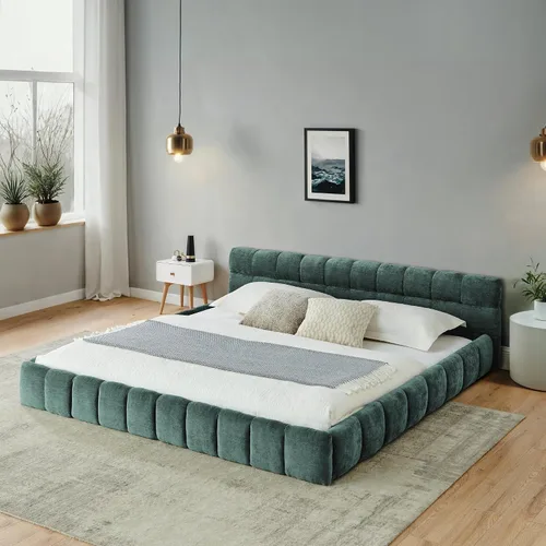 Miniatura 22 de Base de cama tapizada tamaño California King con tela de felpilla gruesa, cama de plataforma con cabecero copetudo, marco de madera maciza, diseño