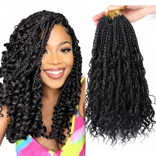 Miniatura 32 de LMZIM 18 Pulgadas Trenzas de Caja Bohemias 8 Paquetes Trenzas de Caja de Diosa Bohemia Cabello de Ganchillo con Puntas Rizadas Cabello de Ganchillo