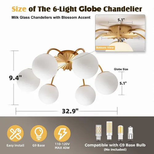 Miniatura 2 de Longree Sputnik - Lámpara de techo semiempotrada con forma de globo de vidrio de leche de 6 luces, color dorado, arte de mediados de siglo, moderna