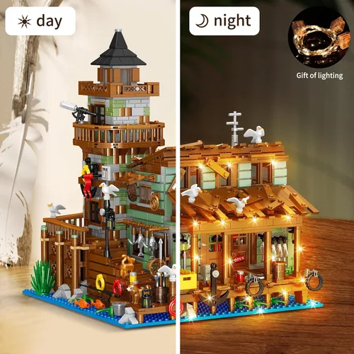 Miniatura 5 de 1881 piezas de bloques de construcción de cabaña de madera de pueblo pesquero con iluminación LED, ideales creativos, juegos de construcción
