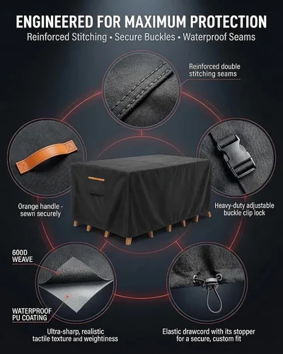 Miniatura 6 de Cubierta impermeable para muebles de exterior, juego de mesa y silla rectangular de 600D resistente de 64 pulgadas de ancho x 52 pulgadas de largo x