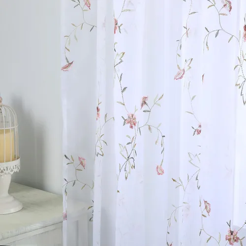 Miniatura 8 de Taisier Home Cortinas Traslúcidas Blancas Florales con Estampado de Flores y Bordado de Enredaderas para Dormitorio, Cortina con Bolsillo