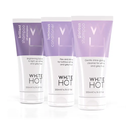White Hot Trío de limpieza y acondicionamiento: régimen de cuidado del cabello iluminador para limpiar y añadir brillo al cabello blanco y gris,