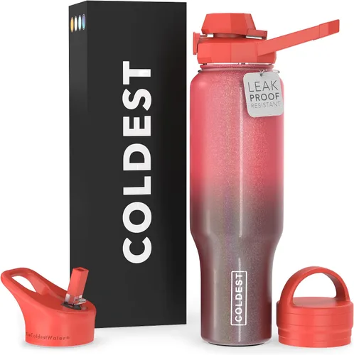 Coldest Botella de agua deportiva – Tapas 3 en 1 (Chug, popote, asa) – Vaso térmico de acero inoxidable con asa – Taza de agua al vacío, regalos de