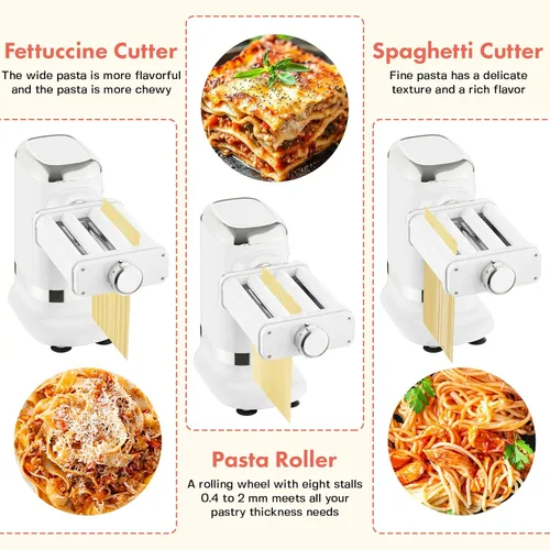 Miniatura 2 de GVODE Máquina eléctrica de pasta - Juego de rodillo y cortador de hojas de pasta 3 en 1 700 W máximo motor, incluye máquina de fettuccine y Blanco