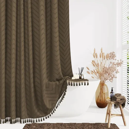 Miniatura 19 de Dynamene - Cortina de ducha de tela bohemia con rayas con chebrón en relieve, juego de cortina angosta para baño, media cortina impermeable