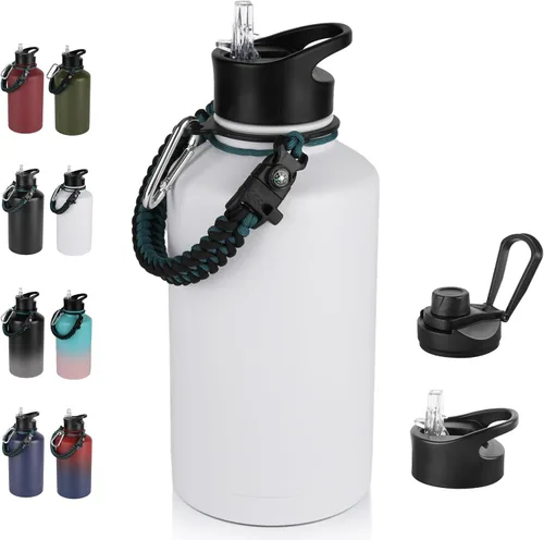Miniatura 94 de Botella de agua aislada de 64 onzas con tapas de pajita y boquilla, jarra de agua de acero inoxidable de medio galón con mango de paracord, vacío