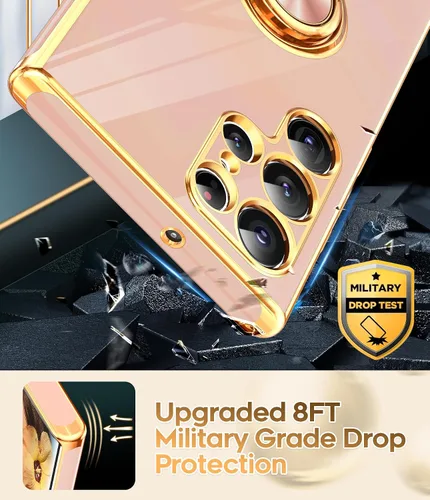 Miniatura 7 de LeYi Funda para Samsung Galaxy S22 Ultra con Soporte de Anillo Giratorio de 360°, Soporte Magnético con Patilla, Borde Chapado en Oro Rosa Protector